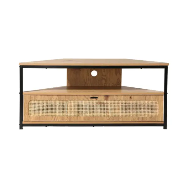 Calicosy - Tv-Eckschrank, 1 Klapptür, Geflecht Aus Rattan, Holzdekor, Spanplatten, Metallfüße, Wohnzimmer Oder Schlafzimmer, Exotischer Und thumbnail