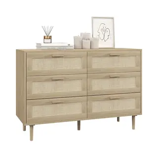 Homcom Commode Met 6 Laden, Opbergkast Met Rotanweefsel, Afmetingen, 110 X 40 X 75 Cm, Lichte Houtlook