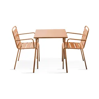 Oviala - Set Van Een Vierkante Tuin Tafel En 2 Karamel Stalen Fauteuils - Palavas