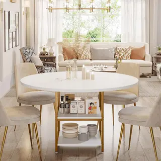 Tribesigns Eettafel Rond - 120cm Ronde Tafel - Wit En Goud - Boerderijkeukentafel Met Metalen Onderstel - Moderne Kleine Eettafel Van Massief Hout