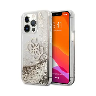 Transparant Hoesje Van Guess - Hardcase Backcover Geschikt Voor IPhone 13 Pro Max - Big 4G Logo - Gold Liquid Glitter