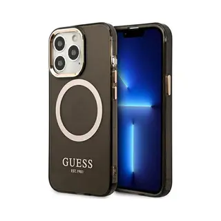 Guess - GUHMP13LHTCMK - IPhone - 13 - Pro / 13 - 6.1 - Zwart/zwart - Hardcase - Gold - Outline - Doorschijnend - MagSafe