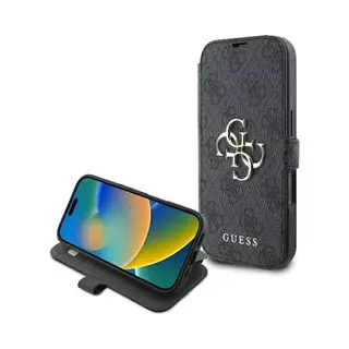 Guess 4G Big Metal Logo Book Wallet Case Hoesje Voor Apple IPhone 16 Plus - Zwart