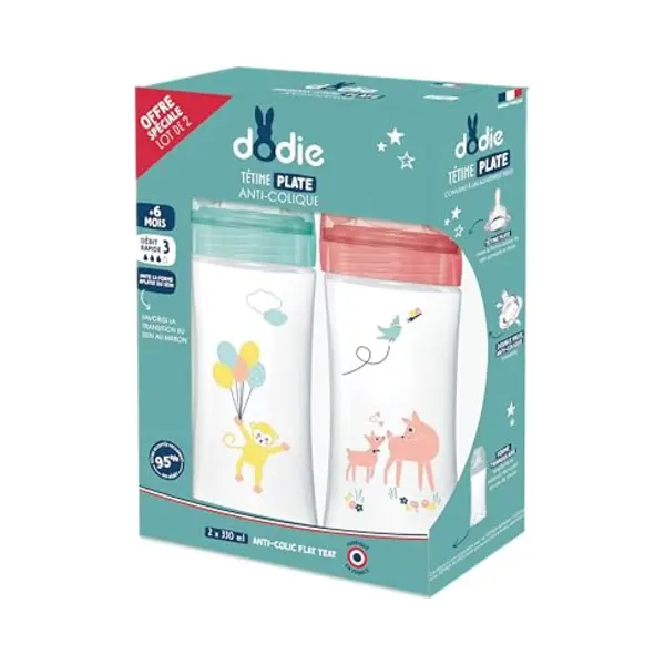 Dodie Set Mit 2 Babyflaschen, Antikolik Sensation+ (2 X 330 Ml), Flacher Sauger, Fluss 3, Bpa-frei, +6 Monate, Gelb, Grün Und Rosa Luft thumbnail
