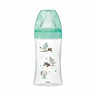 Dodie Babyflasche, Antikolik Initiation+, Glas, Grün, Vogel, 270 Ml, 0-6 Monate, Runder Sauger, Fluss 2