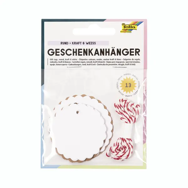 Folia 12001 - Geschenkanhänger Classic Rund, Natur & Weiß, 12 Stück, Inklusive 2 M Schnur, Zum Individuellen Beschriften Und Kennzeichnen Der thumbnail