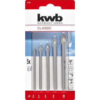 Kwb Hartmetall-glasbohrer Set, 5-tlg. (hartmetallplatte, Zentrierspitze, Ø 4/5/6/8/10 Mm, Niedrige Drehzahl, Schneidöl, Rundschaft)