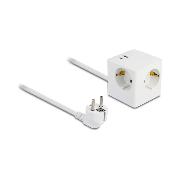 DeLOCK Steckdosenwürfel mit Verlängerungskabel 3-fach mit Kindersicherung und Usb Pd 3.0 Ladegerät 20 W, 1,5 m Kabel, weiß thumbnail