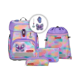 Step By Step Schulranzen-Set Cloud Flash „Butterfly Luna“ 5-teilig, Rosa, Schmetterling, Ergonomischer Tornister Mit Reflektoren,