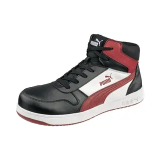 Puma Safety Frontcourt Mid S3 Esd Fo Hro Sr Unisex Safety Shoes Non-Slip Metal-Free Fibreglass Cap, Black / White / Red, 3.5 Uk