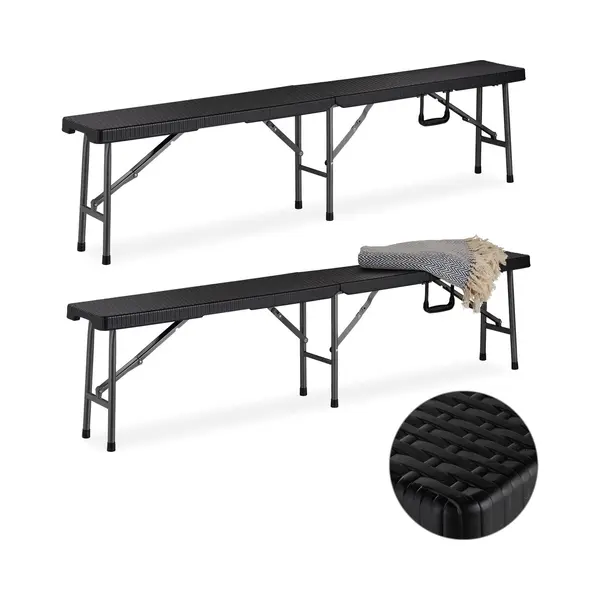 Relaxdays Bierbank 2er Set, Faltbare Partybank Für Terrasse & Garten, Kunststoff, Campingbank, 43x179x24, 5 Cm, Schwarz thumbnail