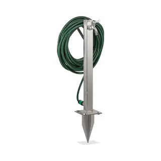 Relaxdays Water Tap, With Ground Spike & Hose Holder, HxWxD, 66 X 30 X 15 Cm, Garden, Angular, Stainless Steel, Silver