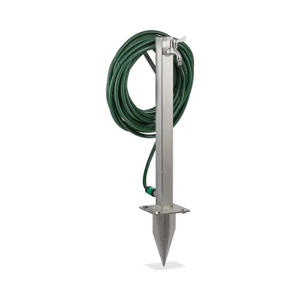 Relaxdays Water Tap, With Ground Spike & Hose Holder, HxWxD, 66 X 30 X 15 Cm, Garden, Angular, Stainless Steel, Silver thumbnail