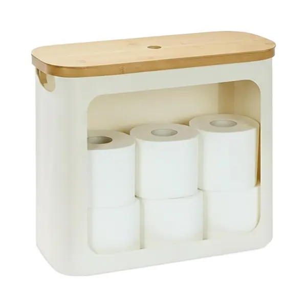 Relaxdays Toilettenpapier Aufbewahrung, 12 Rollen, Hxbxt, 36 X 43 X 17 Cm, Stoff, Bambus, Klopapier Korb, Vorrat, Beige thumbnail