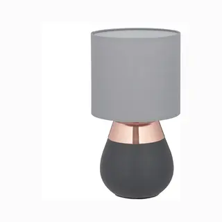 Tischlampe, Metallfuß, Stoffschirm, E14, Hxd, 32 X 18 Cm, Nachttischlampe Mit Kabel, Schlafzimmer, Grau/kupfer - Relaxdays