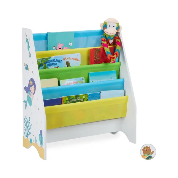 Relaxdays Kinder Bücherregal, 4 Hängefacher, Meerjungfrau Kindermotiv, Hbt, 71x62x29 Cm, Bücheraufbewahrung, Mehrfarbig thumbnail