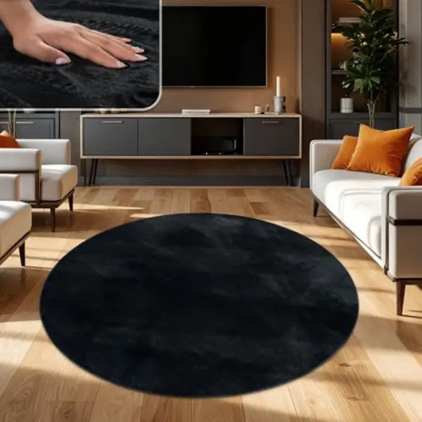 Tt Home Wohnzimmer Teppich Hochflor Langflor Kunstfell Weich Modern Unifarben Flauschig, Farbe, Schwarz, Größe, 80 Cm Rund thumbnail