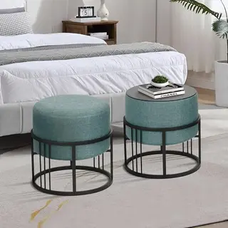 [en.casa] Set Van 2 Stapelbare Poefs Met Tafelfunctie, 2-in-1 Ronde Kruk, Gestoffeerd, Multifunctioneel, Elegant, Voor Woonkamer, Polyester, Mdf,