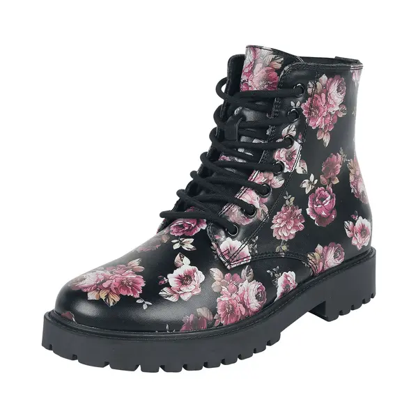 Rock Rebel By Emp Black Lace-Up Boots With Floral All-Over Print Boot Black thumbnail