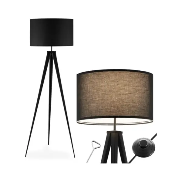 Tectake® Stehleuchte - Stehleuchte 3-Fuß - 158 Cm Hoch - Schirm In Leinenoptik - Fußschalter - Schwarz thumbnail