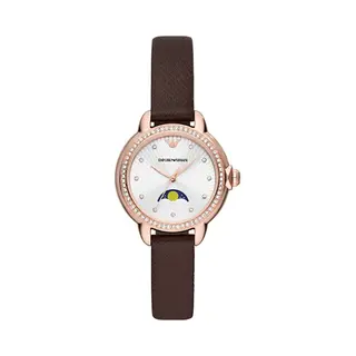 Emporio Armani Mia AR11568 Ladies' Moonphase Watch – 32mm Silver Dial Brown Leather Strap