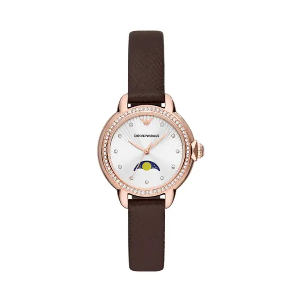 Emporio Armani Mia AR11568 Ladies' Moonphase Watch – 32mm Silver Dial Brown Leather Strap thumbnail
