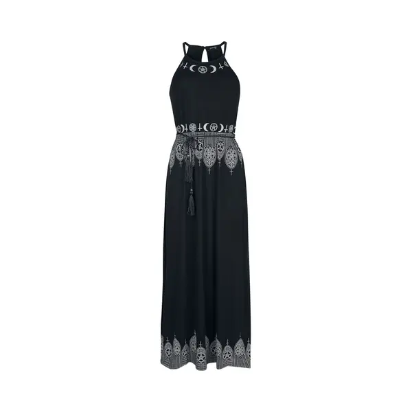 Gothicana By Emp Black Maxi Dress With Prints And Narrow Tie-Belt Maxi Dress Black thumbnail