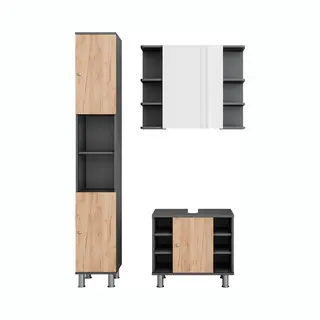 Badmöbel-set Fynn, Anthrazit/goldkraft Eiche, 3 Teile Mit Hochschrank, Vicco