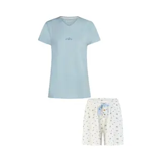By Louise Dames Korte Pyjama Set Shortama Lichtblauw/Wit Gebloemd - Maat M
