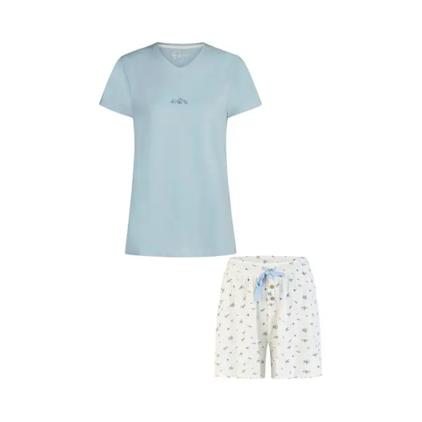 By Louise Dames Korte Pyjama Set Shortama Lichtblauw/Wit Gebloemd - Maat M thumbnail
