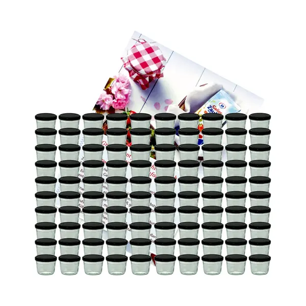 MamboCat 100er Set Sturzglas 230 Ml Marmeladenglas Einmachglas Einweckglas To 82 Schwarzer Deckel Incl. Diamant-Zucker Gelierzauber Rezeptheft thumbnail