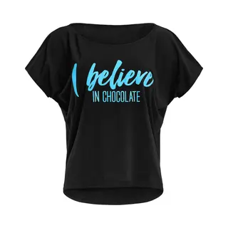 Winshape Damen Ultra Leichtes Modal-Kurzarmshirt MCT002 Mit Neon Blauem „I Believe In Chocolate” Glitzer-Aufdruck, Dance Style