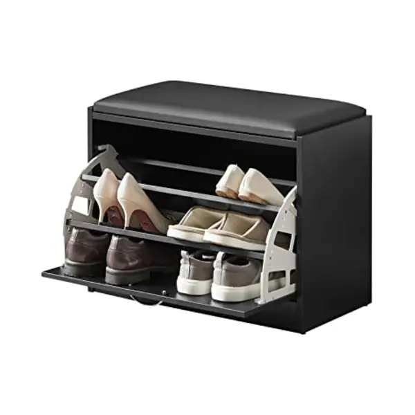 SoBuy Shoe Storage Bench Shoe Cabinet - Flip Drawer + Removable Shelves - Cushioned Seat For Entryway Or Hallway - Black Wooden Furniture Unit, thumbnail