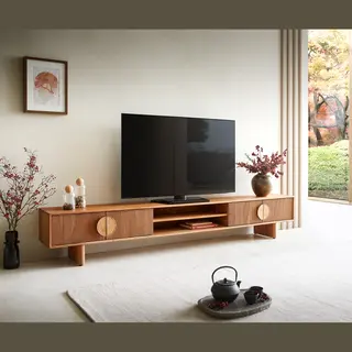 Delife Tv-meubel Surimu 240 Cm Acacia Lichtbruin 4 Deuren 2 Vakken Kurk Handvat Houten Poten