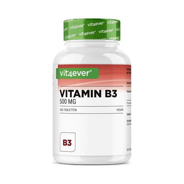 Vit4ever Vitamin B3 (Niacin) - 500 Mg Nicotinamid - 365 Tabletten - Hochdosiert - Flushfree - 12 Monatsvorrat - Ohne Unerwünschte Zusätze - Vegan thumbnail