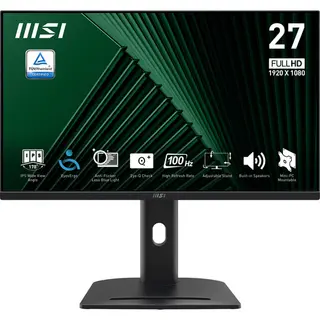 Msi Pro MP275PG 27 Inch Monitor, Fhd (1920 x 1080), 100Hz, Ips, 1ms, 1x Hdmi 1.4b, 1x Dp 1.2a output, 1x D-Sub(Vga), Built-in Speakers, Anti-Glare, Anti-Flicker, Less Blue light, TÜV Certified, Vesa, Kensington, 4-way adjustable stand, Black