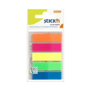 B.N.T., Notitieboekje + Schrijfblok, Indeksfaner Stick'N Pp 5 Ass. Neon Farver 45x12mm 5x25stk/pak - (125 X 24 Pakker)