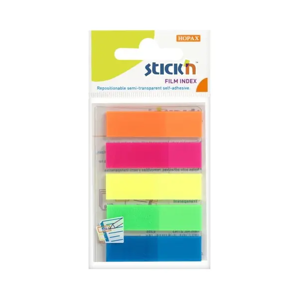 B.N.T., Notitieboekje + Schrijfblok, Indeksfaner Stick'N Pp 5 Ass. Neon Farver 45x12mm 5x25stk/pak - (125 X 24 Pakker) thumbnail