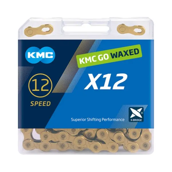 Fahrrad Kette, Kmc Fahrradkette, X12 Ti-N Gold, 1/2" X 11/128", 126 Glieder, 12-fach, Waxed, Gold thumbnail