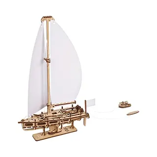 Ugears Ocean Beauty Yacht 3D Puzzle - 3D Wooden Puzzles For Adults Sailing Boat Model Kit - Building Set With White Sails And Stand - Wooden Model