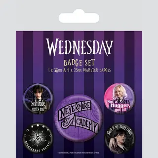 Pyramid International Wednesday Set Of 5 Badges (Nevermore Design) Pin Badges For Bags, Backpacks, Jackets, Party Bags Or Pin Badge Display - Official Merchandise