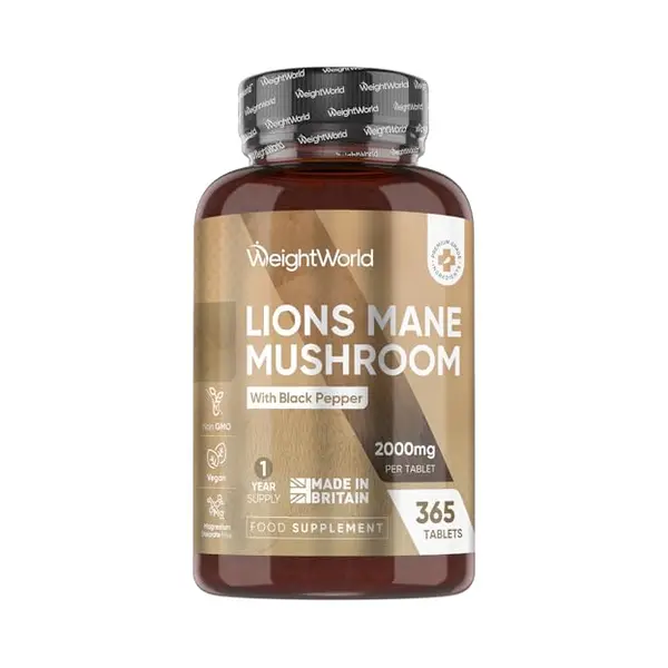 WeightWorld Lions Mane Supplement - 2000mg Per Tablet - With 30mg Black Pepper - 365 Vegan Tablets - 1 Year Supply - 50% Polyphenols - Lion's Mane Mushroom 25, 1 thumbnail