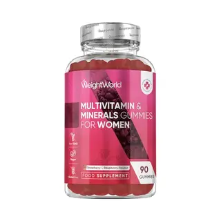 WeightWorld Multivitamin Gummies Für Frauen - Mit Omega 6, 9, Zink, Calcium, Vitamin C, Hyaluron, CoQ 10, B12, Biotin - 90 Vegane Gummibärchen - Erdbeer &