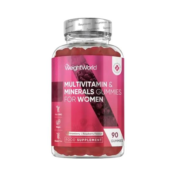 WeightWorld Multivitamin Gummies Für Frauen - Mit Omega 6, 9, Zink, Calcium, Vitamin C, Hyaluron, CoQ 10, B12, Biotin - 90 Vegane Gummibärchen - Erdbeer & thumbnail