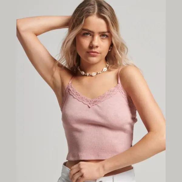 Superdry, Damen, Shirts, Geripptes Trägertop Mit Spitzenbesatz, Mehrfarbig, Rosa, (S, M) thumbnail