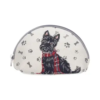 Signare Make-up Tas - Luxe Gobelinstof - Scottie - Schotse Terrier - Zwart Hondje - Rode Tartan Sjaal