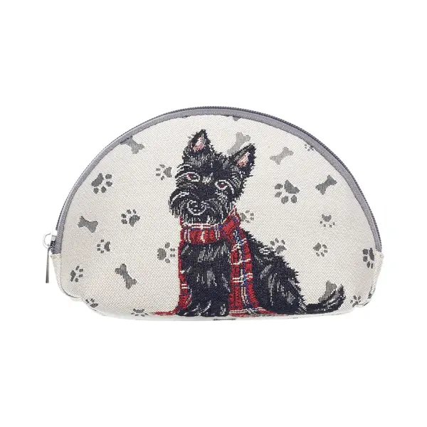 Signare Make-up Tas - Luxe Gobelinstof - Scottie - Schotse Terrier - Zwart Hondje - Rode Tartan Sjaal thumbnail
