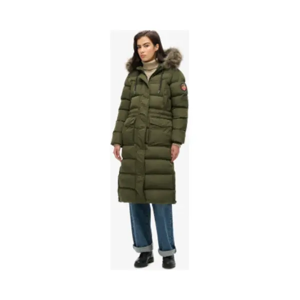 Superdry Damen Langer Everest Kunstfellmantel Army Kaki 40 thumbnail