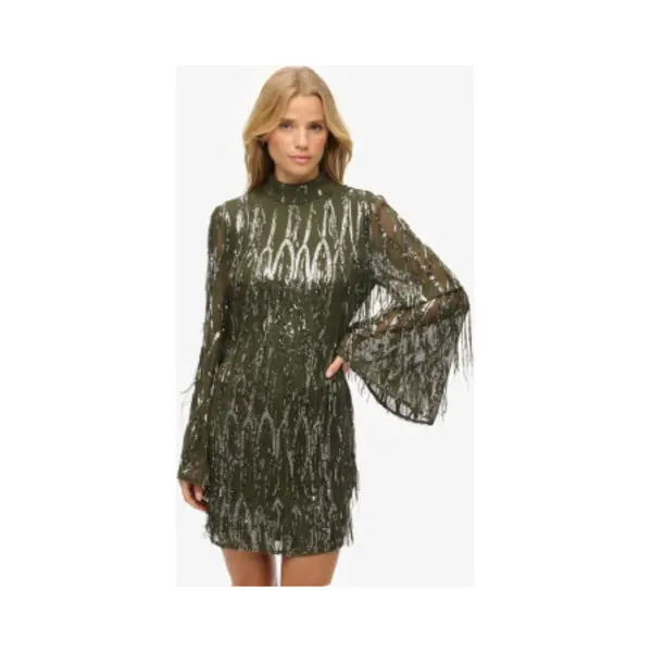 Superdry For Woman. W8011989A Green Mini Dress With Sequins And Fringes (M), Party, Polyester, Long Sleeve thumbnail