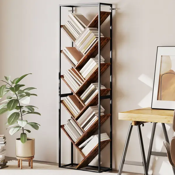 Homcom 10 Tier Tree Bookshelf Industrial Tall Bookcase Rustic Brown Black thumbnail